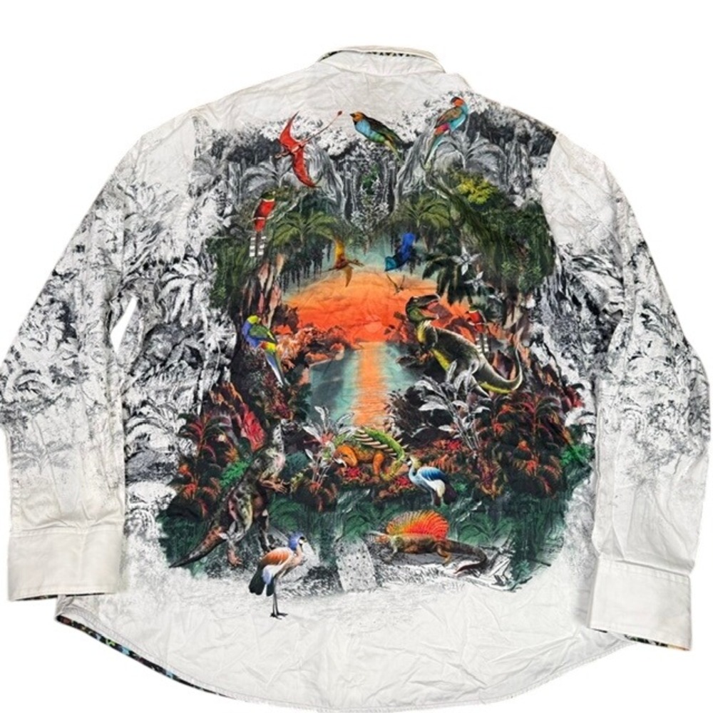NWOT Robert Graham Lost Horizon Sport Shirt Dinosaur Embroidered White 3XL